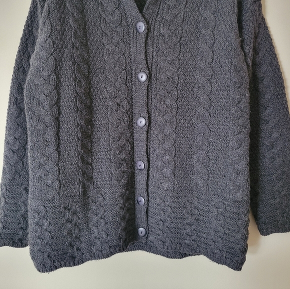 Vintage Aran Merino Wool Cable Knit Fisherman Cardigan Grey - Picture 5 of 8